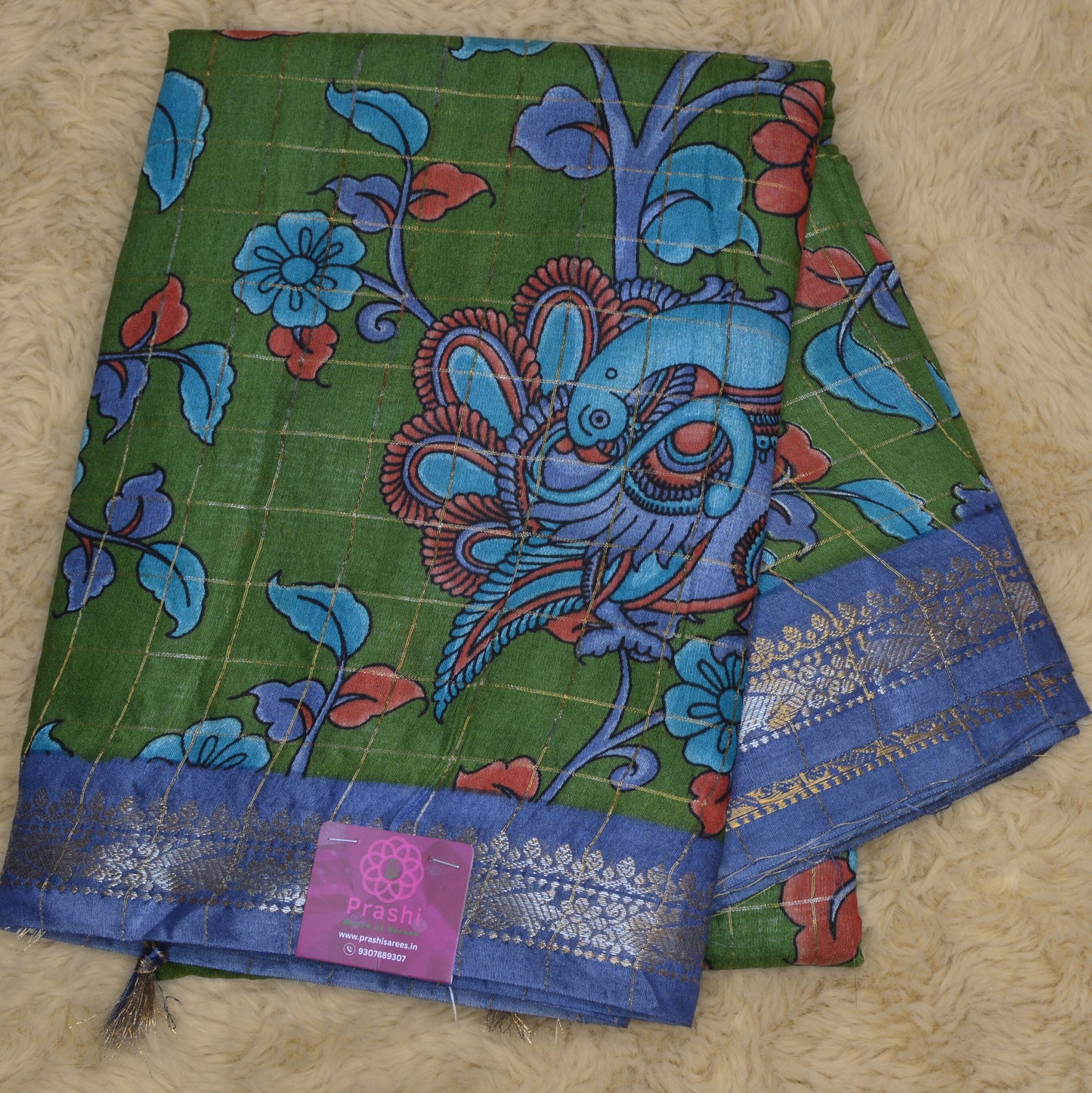 Green koria silk floral print border saree