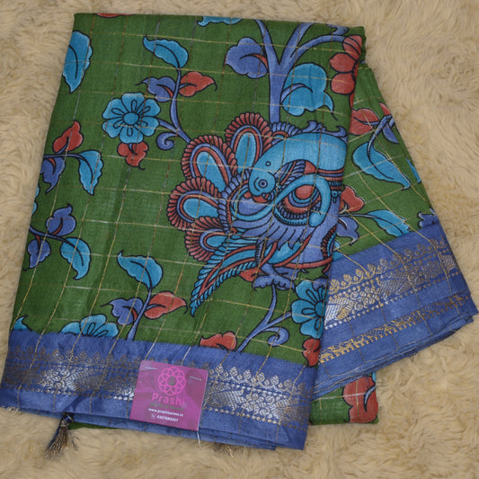 Green koria silk floral print border saree