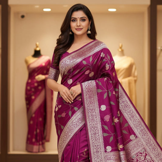 Wine colour tissue german silver work saree