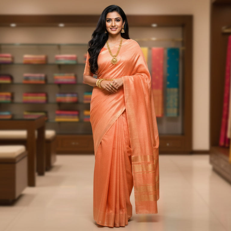 Pastel Orange moonga silk kalamkari blouse saree