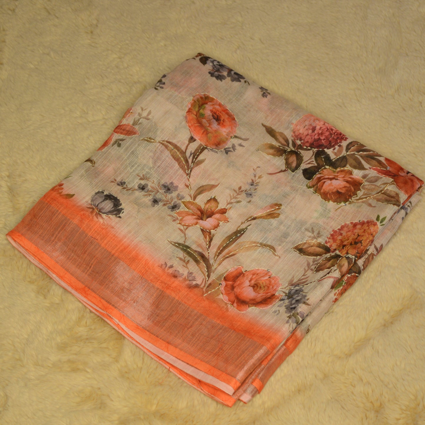 Beige white linen katha work digital print saree