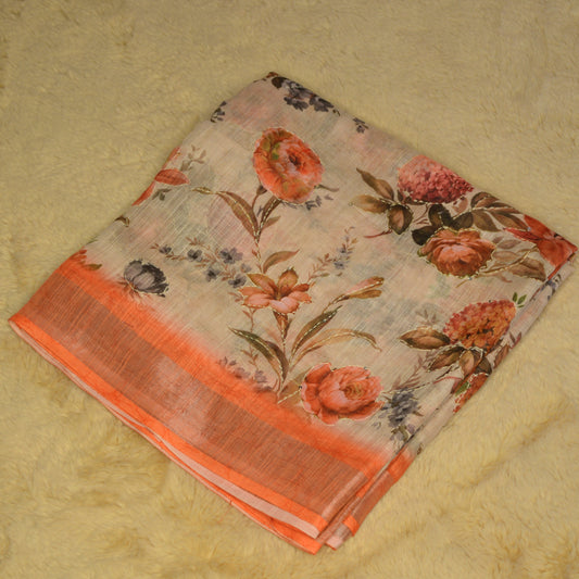 Beige white linen katha work digital print saree
