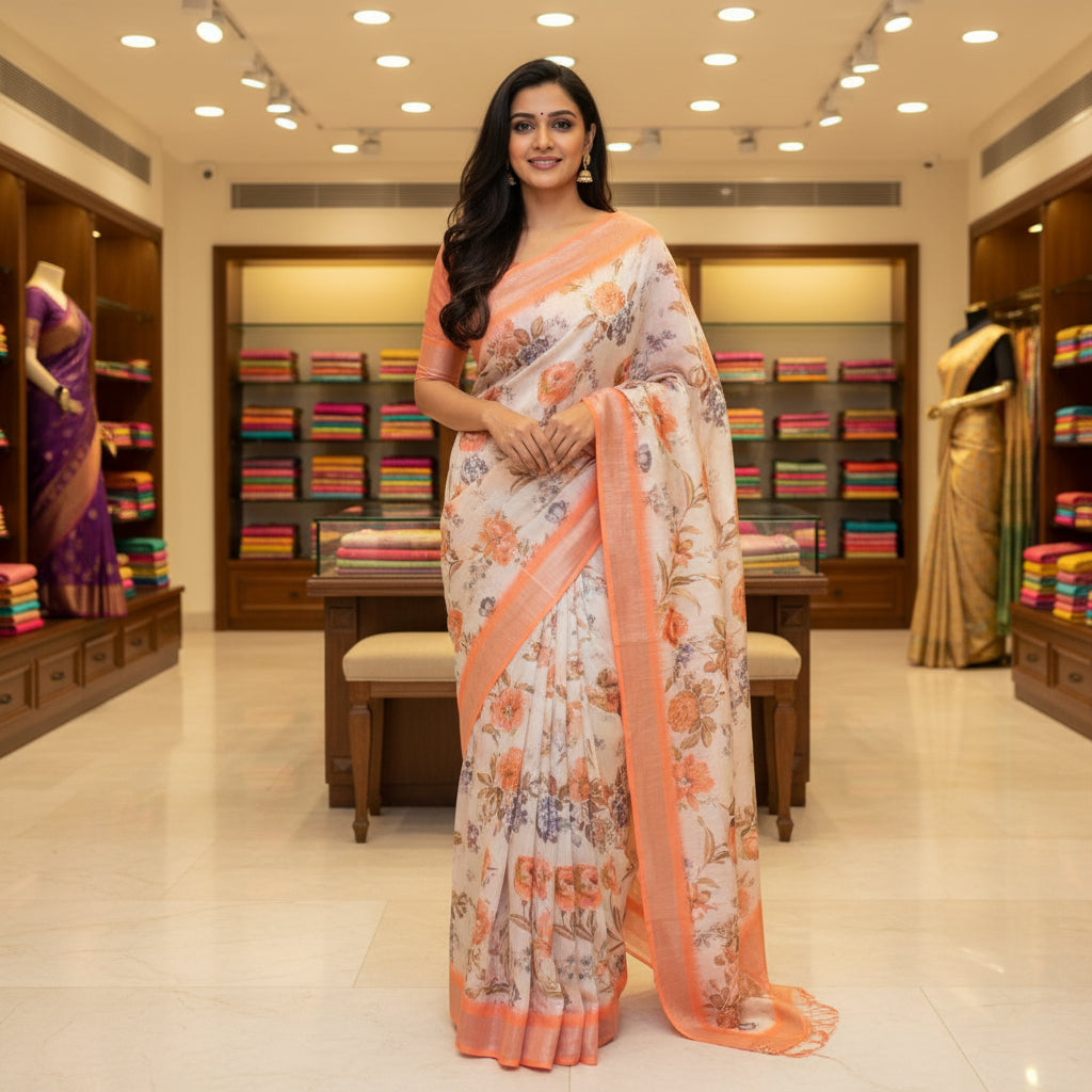 Beige white linen katha work digital print saree