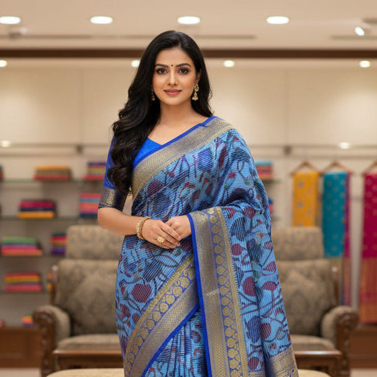 blue semi mysore crepe kalamkari saree