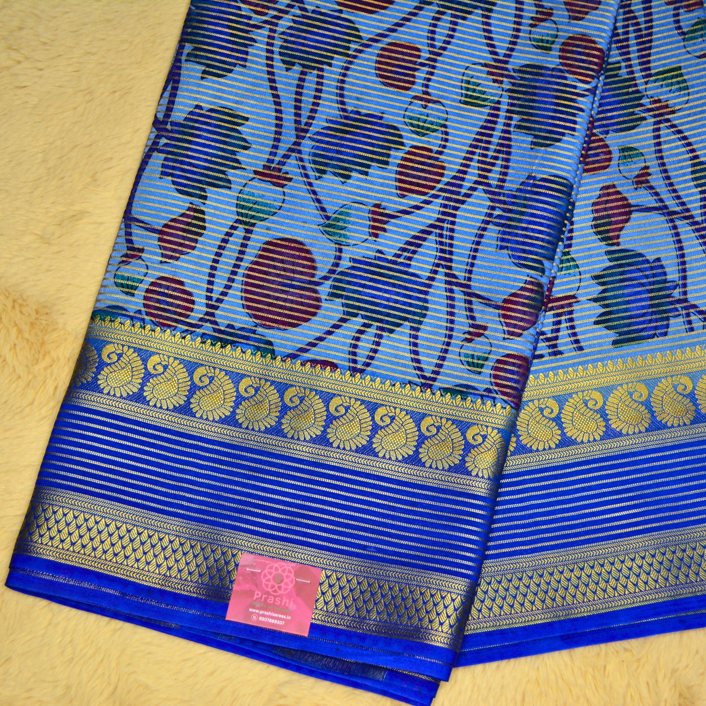 blue semi mysore crepe kalamkari saree