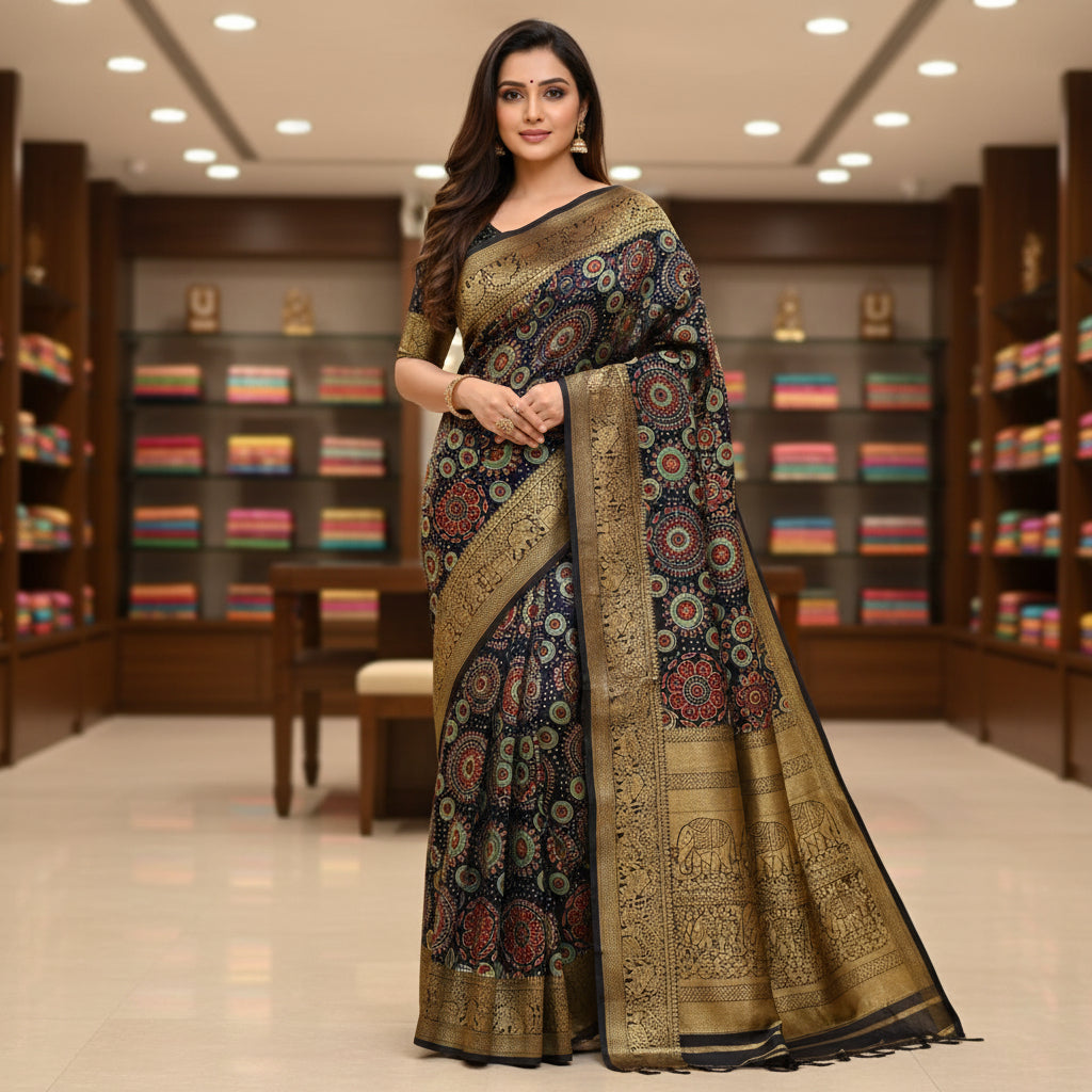 Blue Dola silk saree with ajrakh handblack printed
