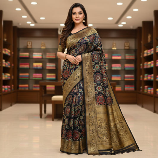 Navy blue ajrakh handblack printed doal silk saree