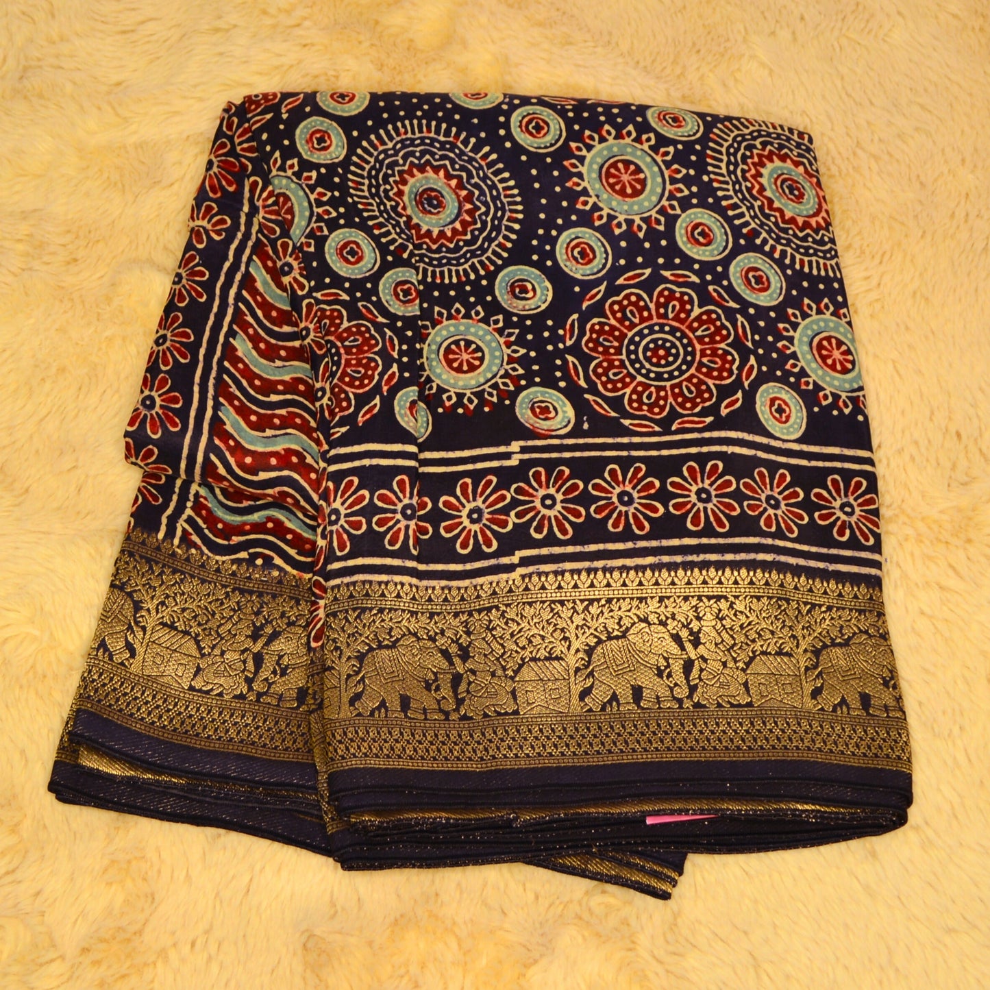 Blue Dola silk saree with ajrakh handblack printed