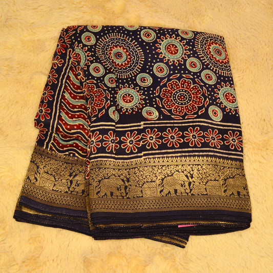 Navy blue ajrakh handblack printed doal silk saree