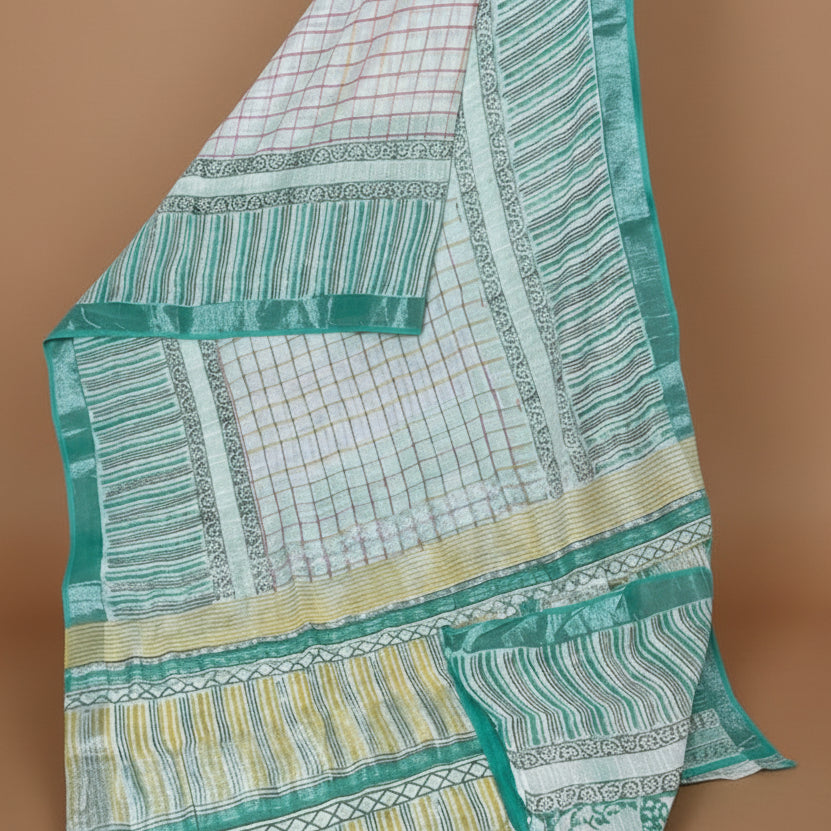 White pure linen handblock printed saree
