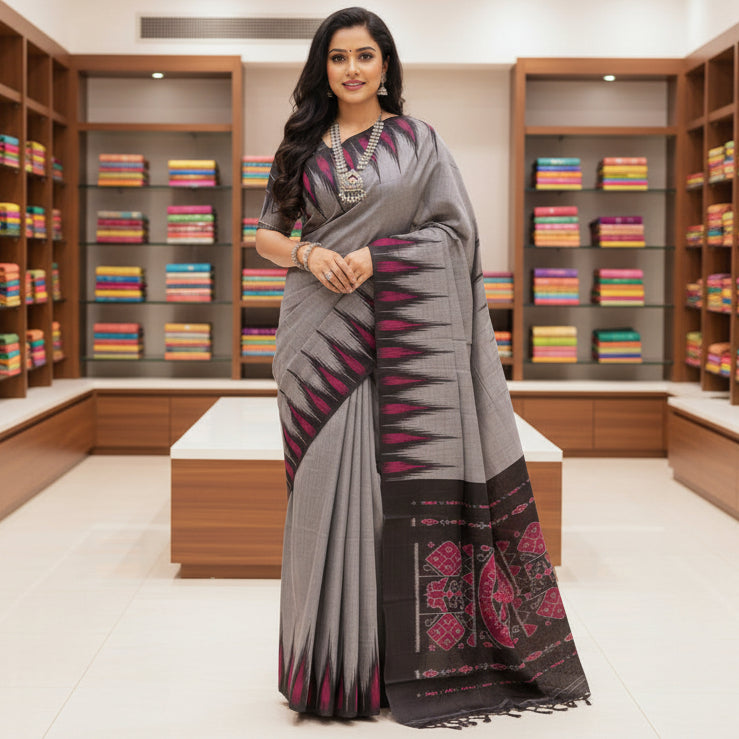 Grey Handloom manibanbandha ikkat cotton saree