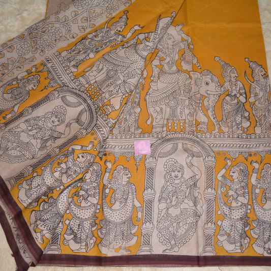 Yellow kota cotton kalamkari saree