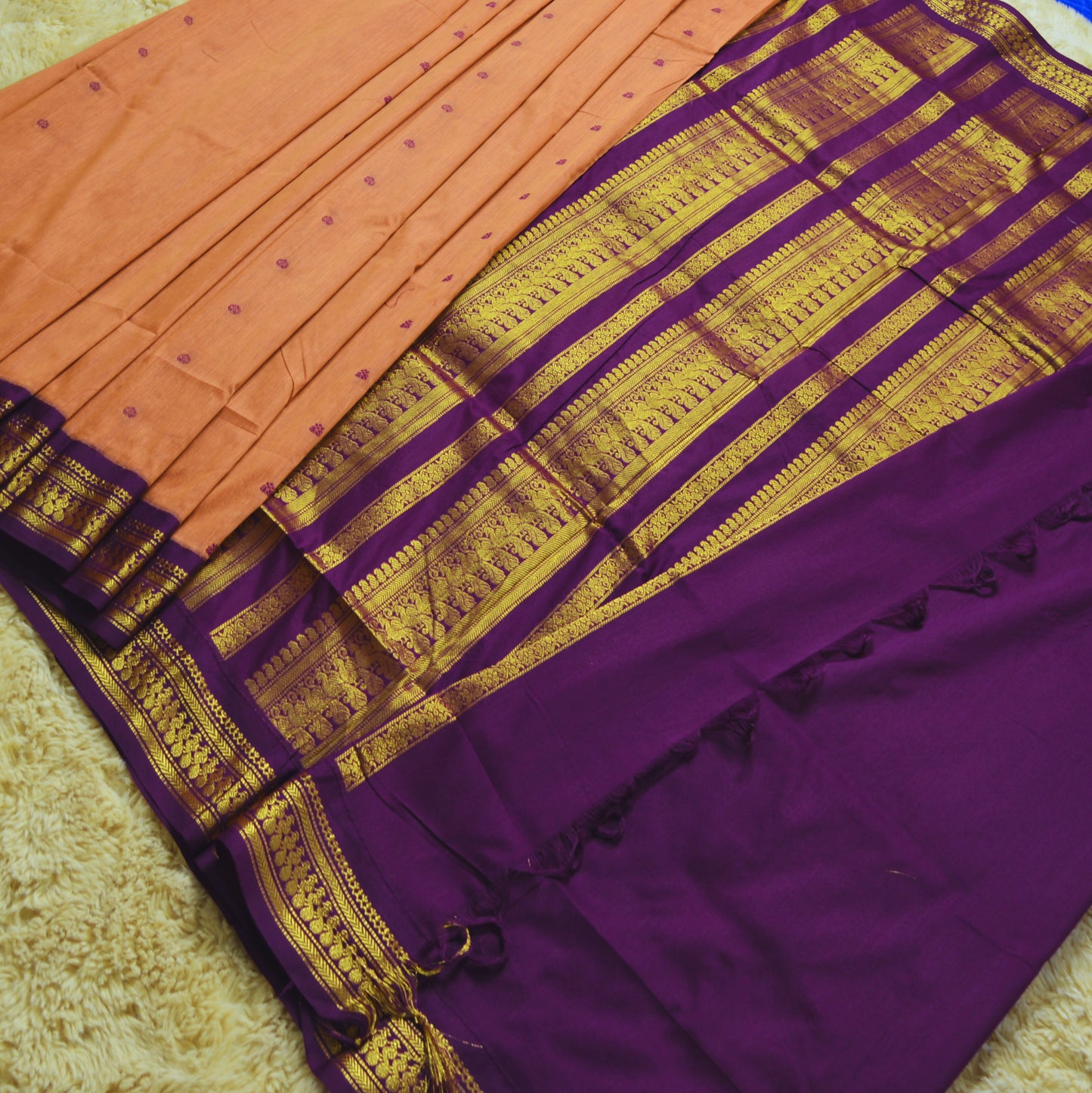 light orange with purple contrast kalyani cotton border saree