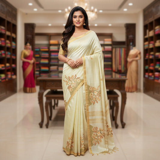 Beige tussar cut work embroidery saree with golden contrast