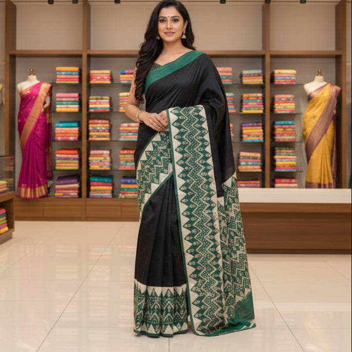 Black ajrakh handblock printed pure Modal silk saree