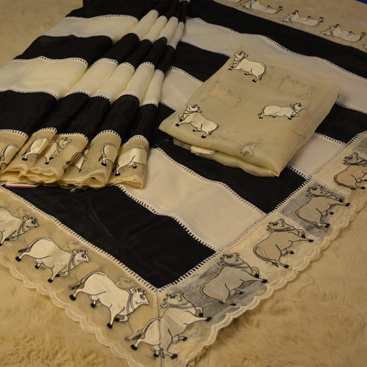 crush tissue white and black embroidery saree