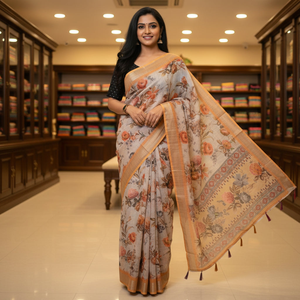 Beige with yellow linen katha work digital print saree