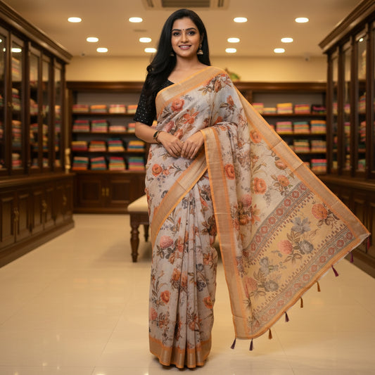 Beige with yellow linen katha work digital print saree