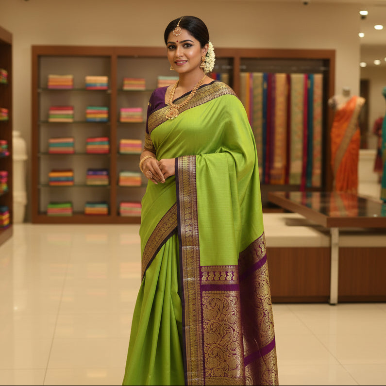 Parrot green with magenta kalyani cotton border saree