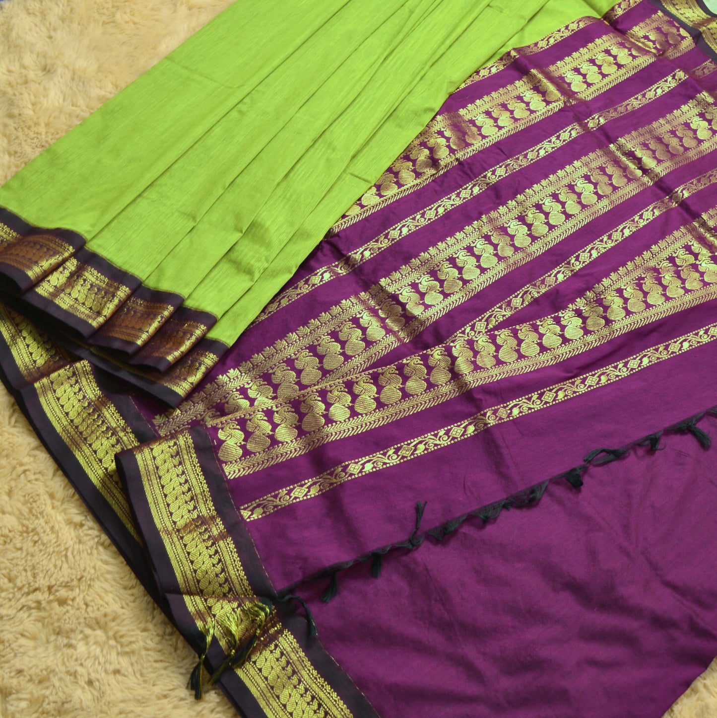 Parrot green with magenta kalyani cotton border saree