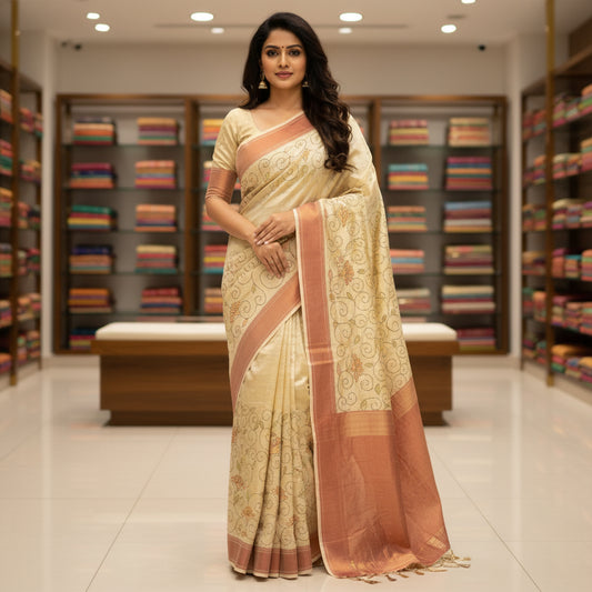Half-white tussar saree with kantha embroidery