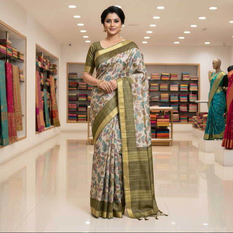 Grey with pista green tussar checks kalamkari saree