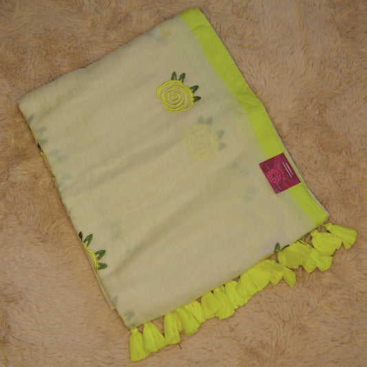 Half-white with yellow mul cotton embroidery saree.