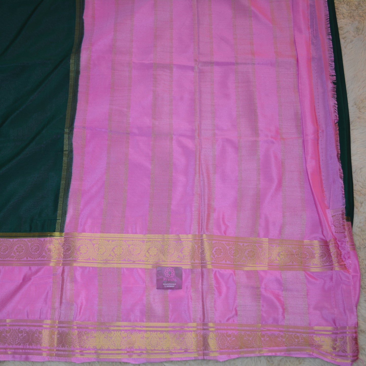Bottle green with baby pink semi mysore crepe bentex
