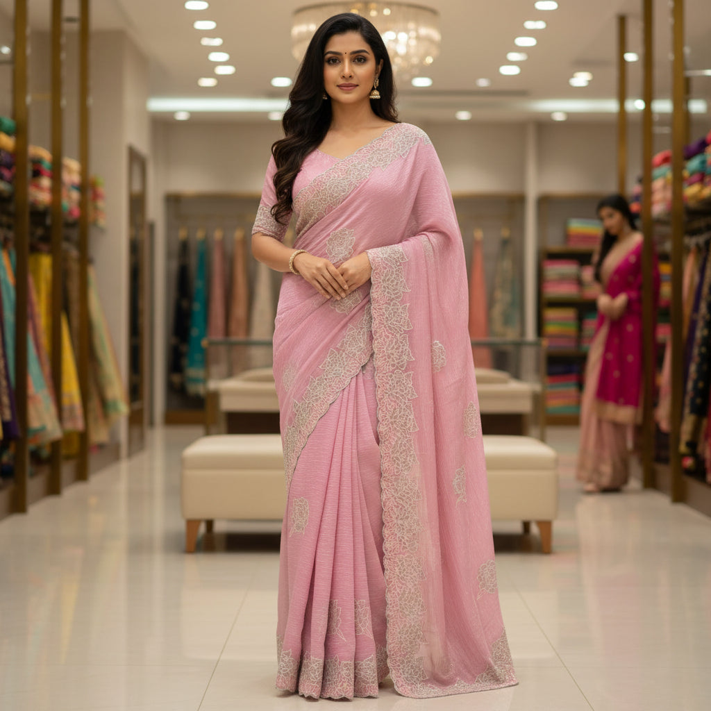 Baby pink crush chiffon floral embroidery saree
