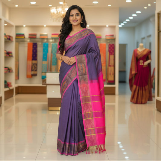 Purple and pink venkatagiri silk cotton saree
