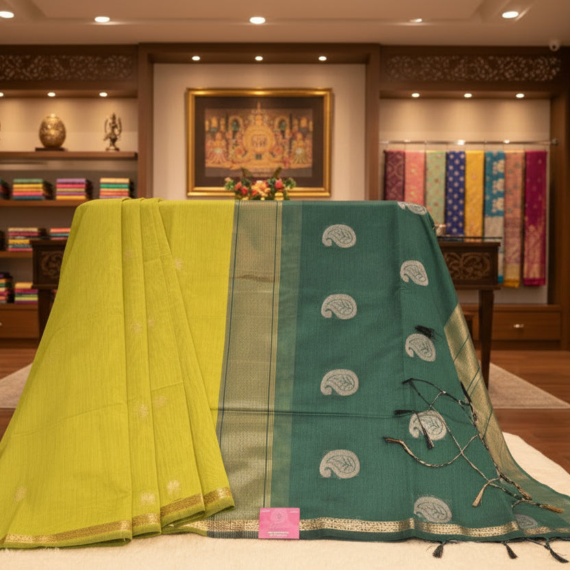 Green with bottle green maheshwari silk cotton saree
