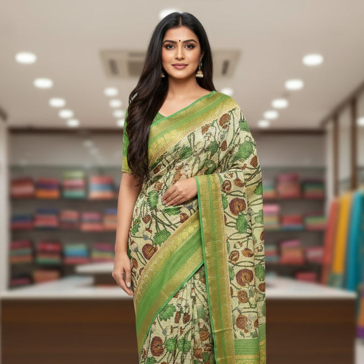 Half white semi mysore crepe kalamkari saree