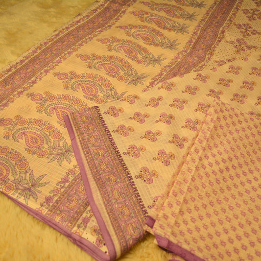 Lavender contrast handblock printed cotton saree
