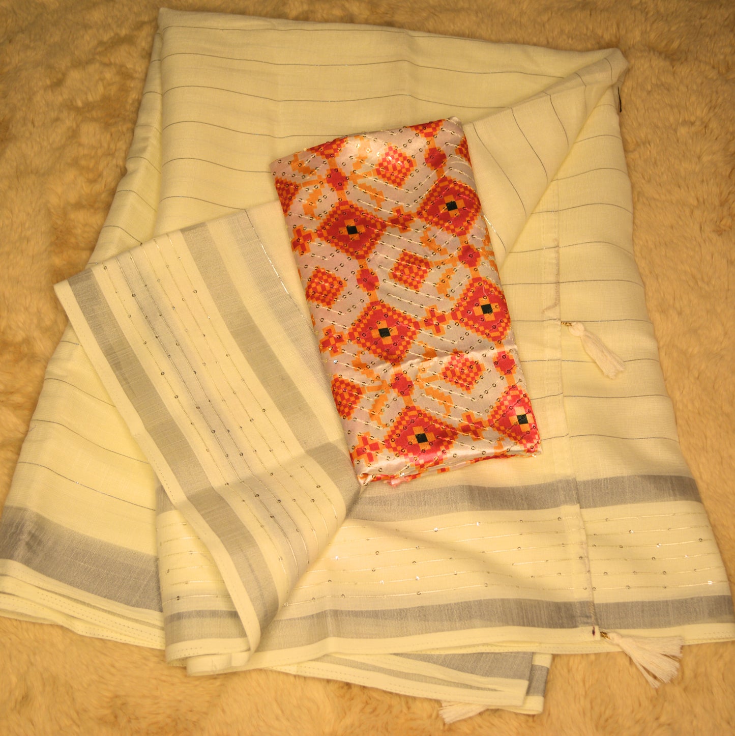Half white linen sequin work saree