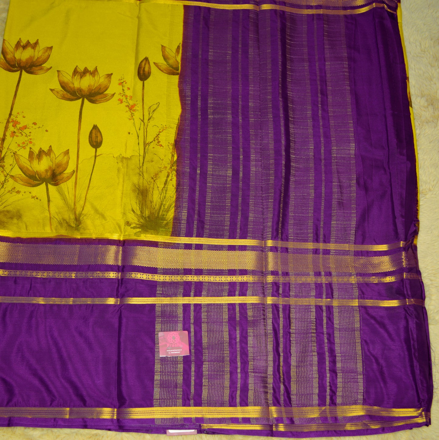 Yellow purple contrast semi mysore crepe kalamkari saree