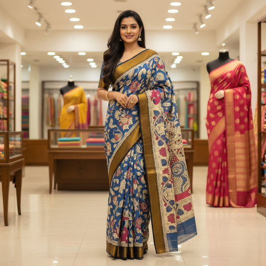 Blue color kalamkari silk saree