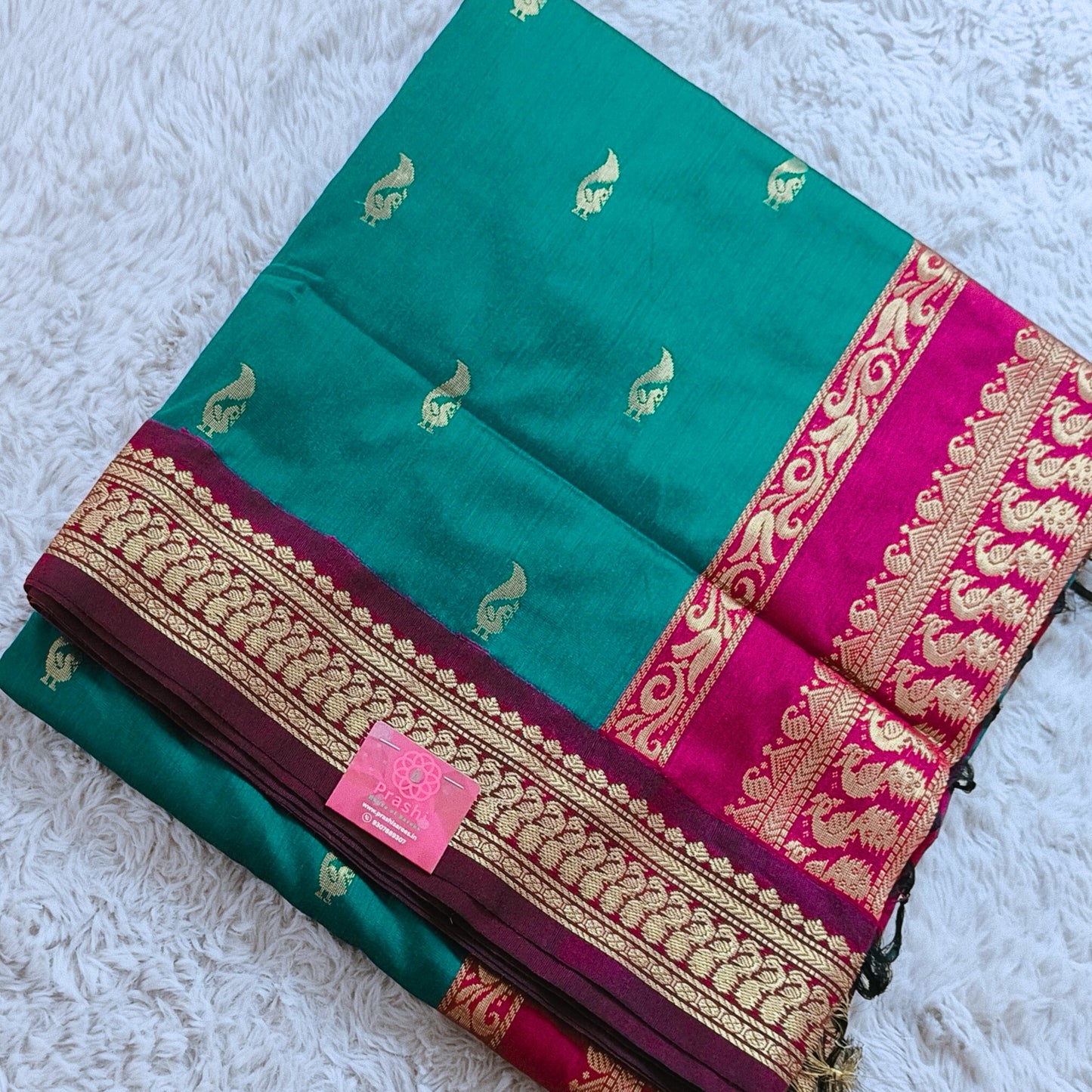 Peacock green and pink handloom kalyani cotton saree