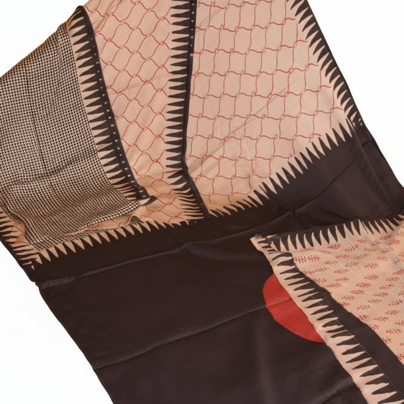 Half-white bagru handblock printed pure modal silk saree