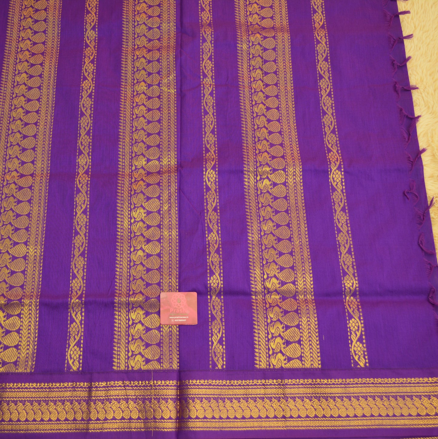 Green handloom kalyani cotton saree with purple contrast