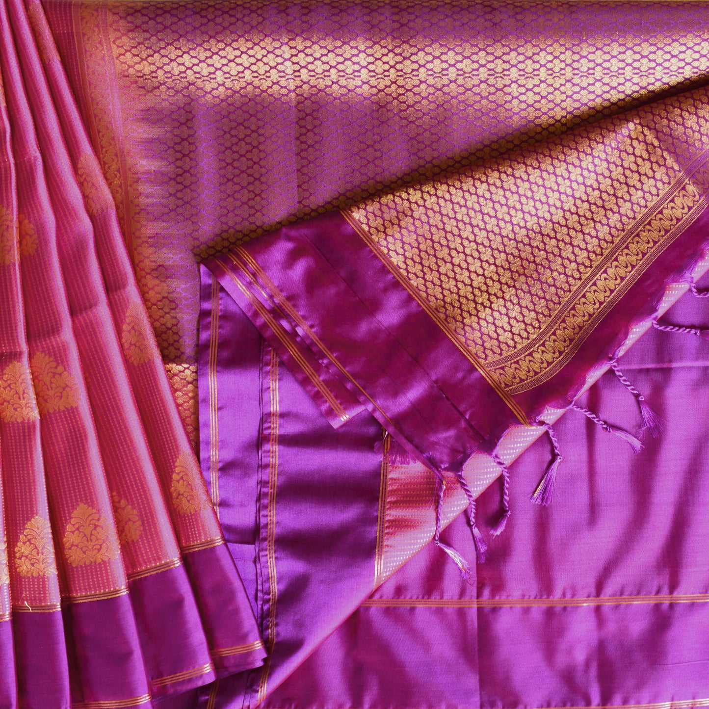 Pink and purple semi silk big butta saree