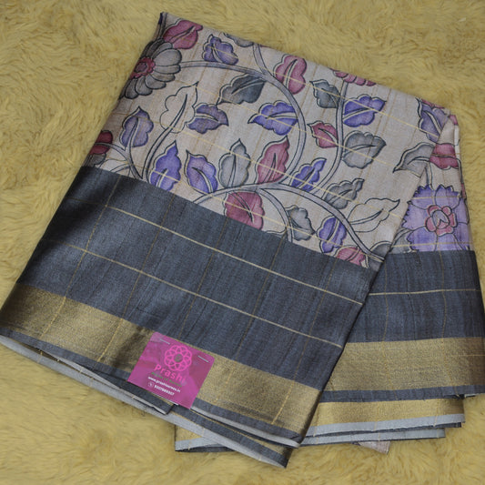 Grey tussar checks kalamkari saree
