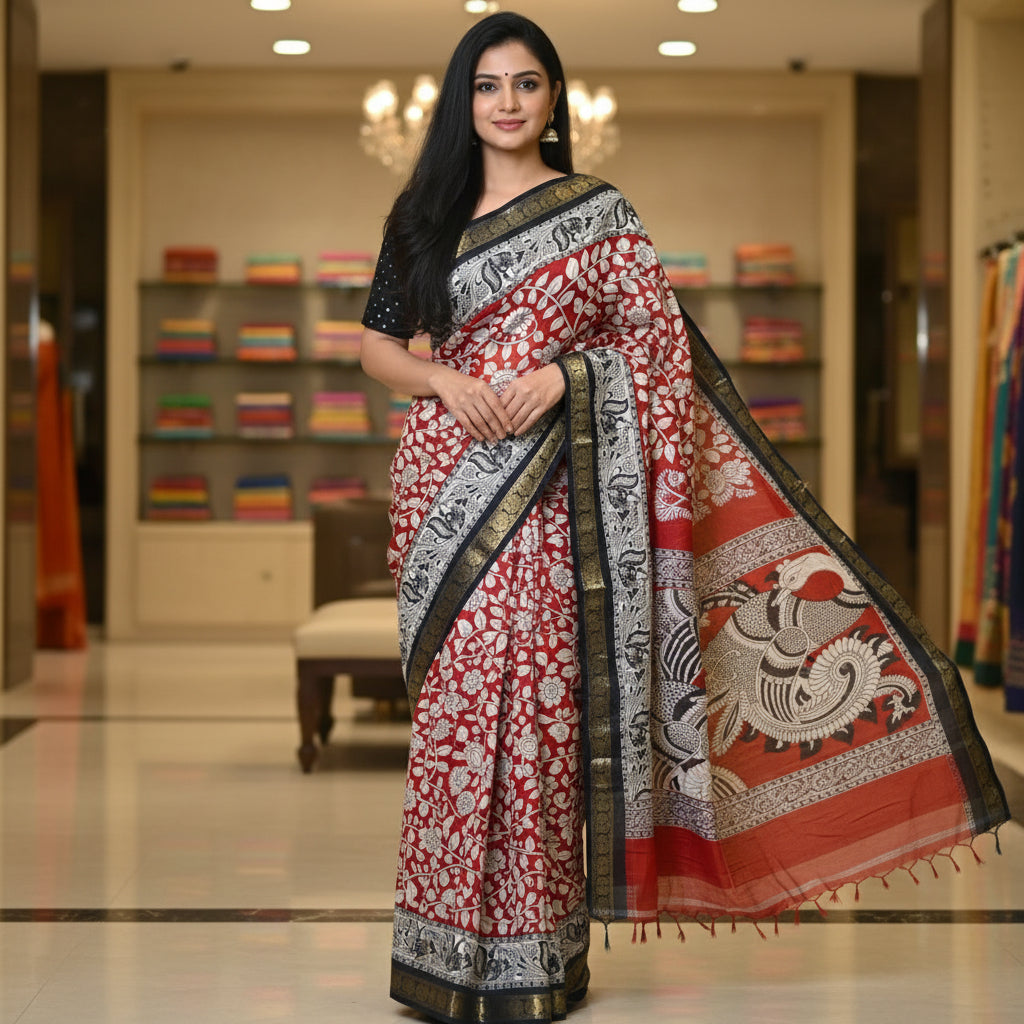 Red and black contrast kalamkari soft cotton saree