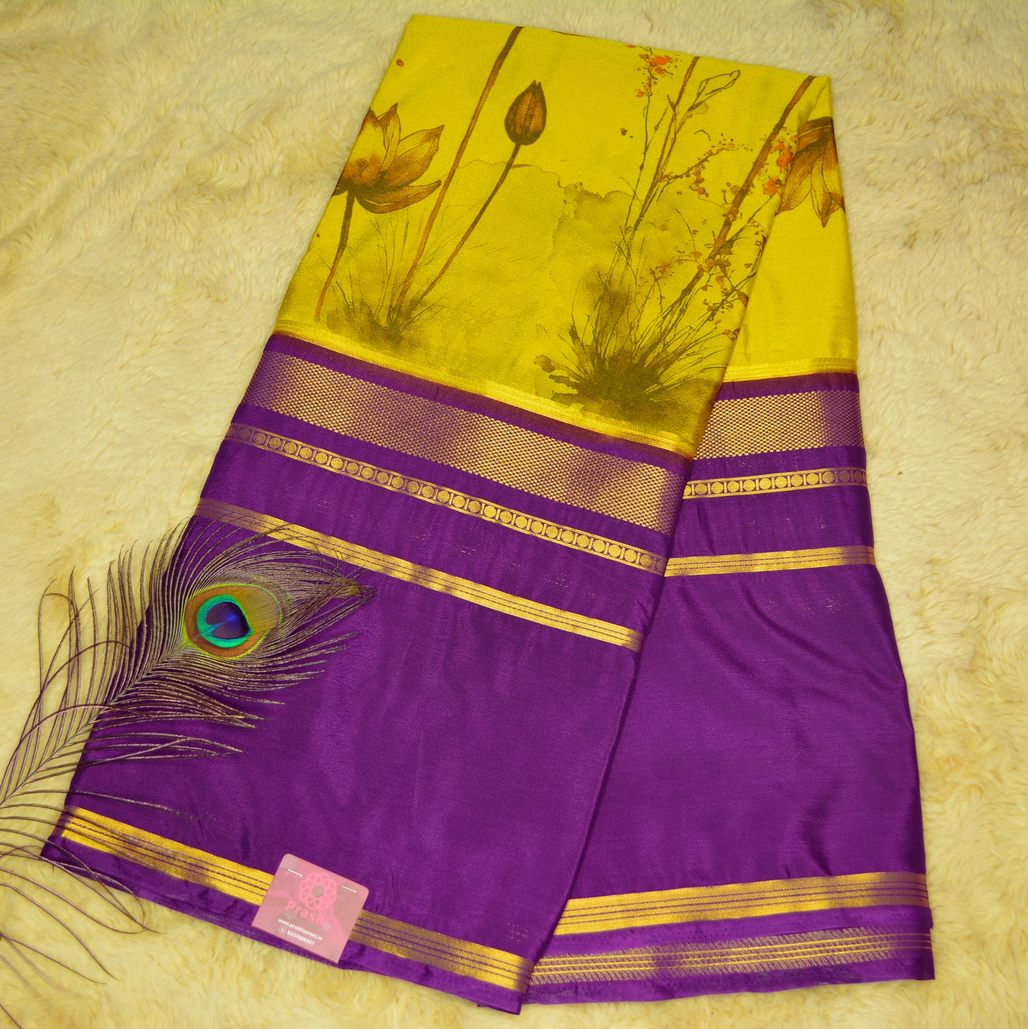Yellow purple contrast semi mysore crepe kalamkari saree