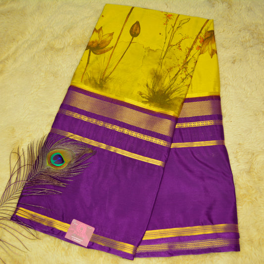 Yellow purple contrast semi mysore crepe kalamkari saree