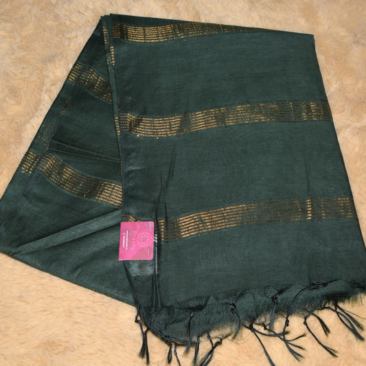 Bottle green mooga silk kalamkari blouse saree
