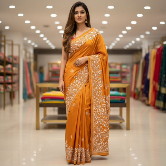 Orange dola silk katha work saree