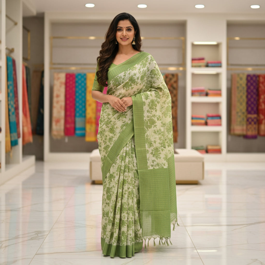 Parrot green soft tissue cotton floral print saree