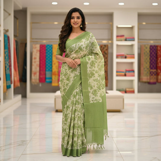 Parrot green soft tissue cotton floral print saree