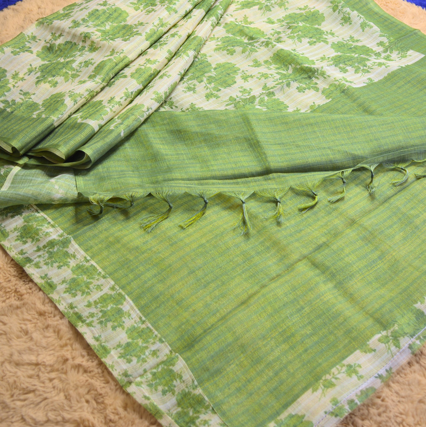 Parrot green soft tissue cotton floral print saree