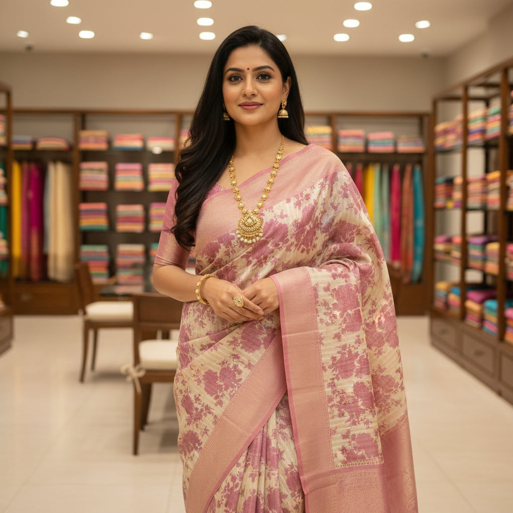 Lavender khadi tissue cotton floral print saree